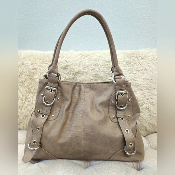 Reflections- Buckled Taupe, Tan handbag purse Faux Snake skin Sz M - Picture 1 of 8